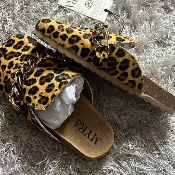 Myra leather hairon slides with gold chain detail and cork, new - Picture 4 of 9